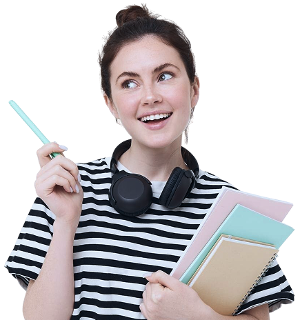 Portrait young woman student with notebooks earphones her neck posing college 2